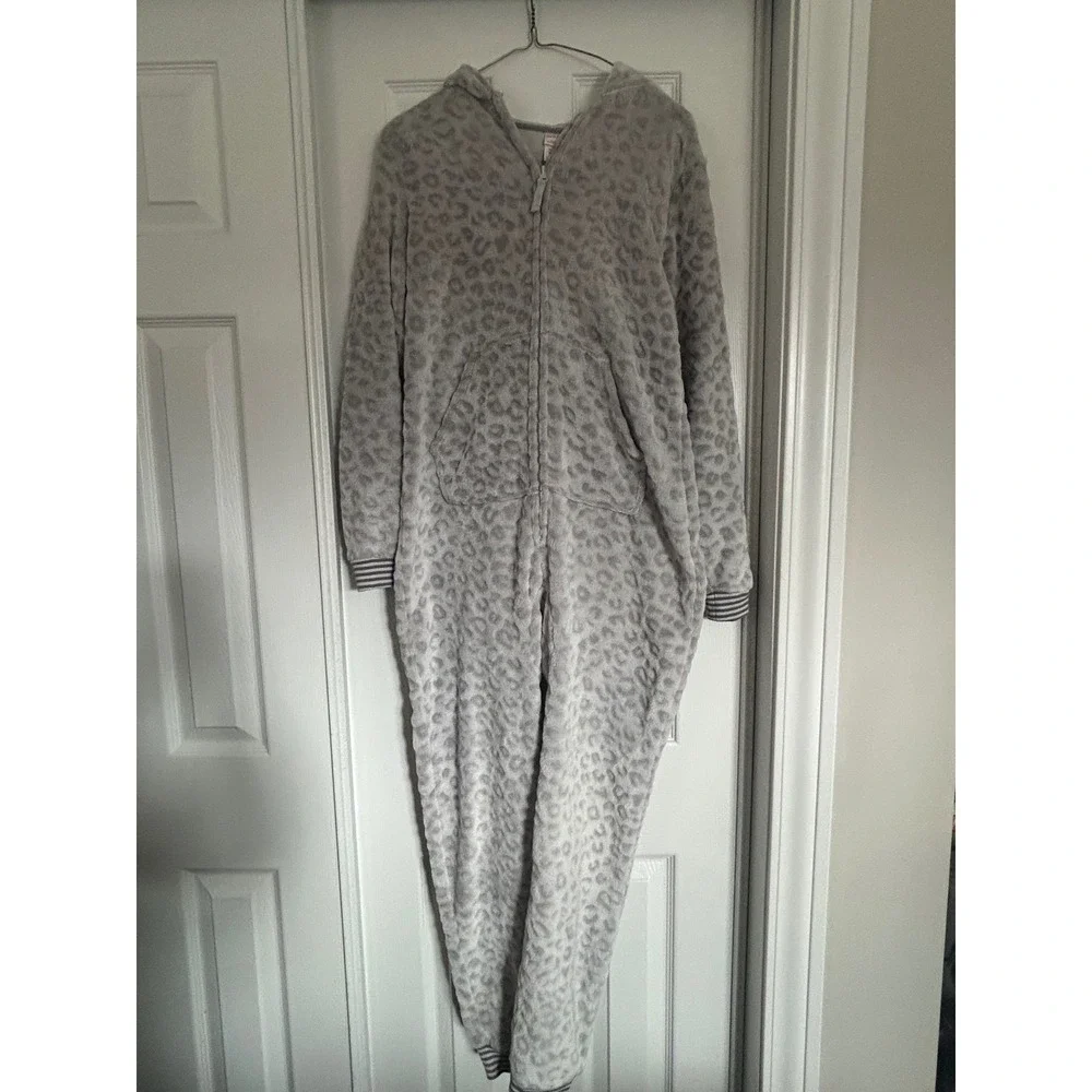 Cat & Jack Girls Grey Leopard Print Fleece Hooded One Piece Pajama Union Suit XL